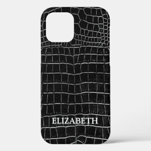 Black Faux Crocodile Leather Personated Name iPhone 12 Hoesje