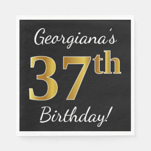 Black, Faux Gold 37th Birthday + aangepaste naam Servet