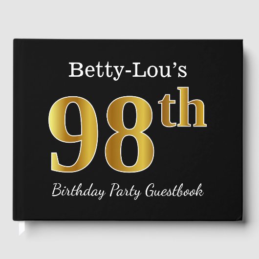 Black, Faux Gold 98th Birthday Party + aangepaste  Gastenboek (Voorkant)