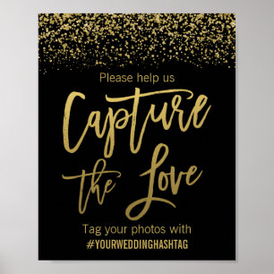 Black Faux Gold Glitter Wedding Hashtag Poster
