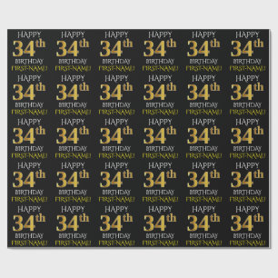 Black, Faux Gold "HAPPY 34th BIRTHDAY" Cadeaupapier