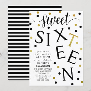 Black & Faux Gold Typografie Sweet Sixteen Kaart