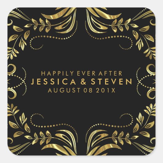 Black & Faux GoldFloral Lace Wedding Sticker (Voorkant)
