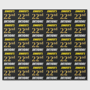 Black, Faux/Imitation Gold, "22nd BIRTHDAY" Cadeaupapier