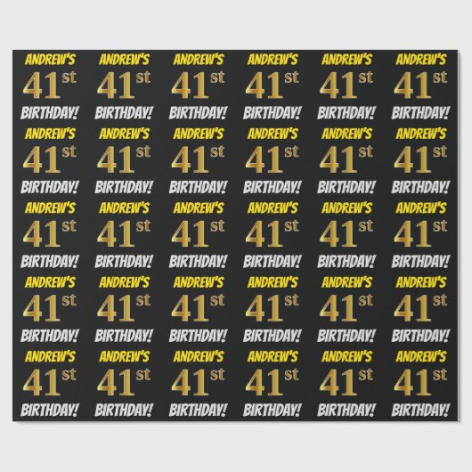 Black, Faux/Imitation Gold, "41st BIRTHDAY" Cadeaupapier (Vlak)
