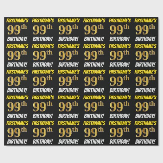 Black, Faux/Imitation Gold, 99th BIRTHDAY Cadeaupapier (Vlak)