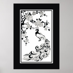 Black faux Silver folie pauock en cherry blossom Poster