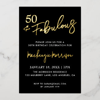 Black Fifty and Fabulous Script Birthday Party Folie Uitnodiging
