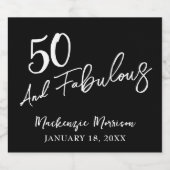 Black Fifty and Fabulous Script Birthday Party Sparkling Wijnetiket (Enkel label)