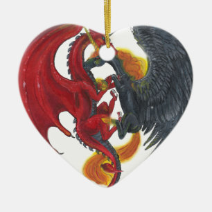 Black Fire Unicorn en Red Dragon Keramisch Ornament