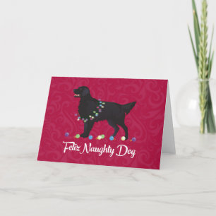 Black Flat Coated Retriever Feliz Naughty Dog Feestdagen Kaart