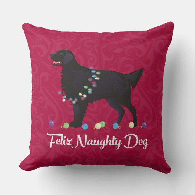 Black Flat Coated Retriever Feliz Naughty Dog Kussen (Voorkant)