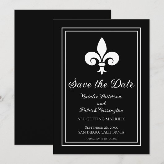 Black Fleur de Lis Save the Date Invite Kaart (Voorkant / Achterkant)