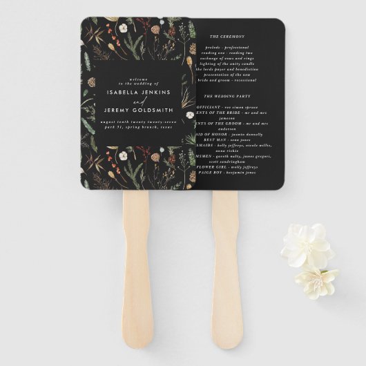 Black floral botanical bruiloft fan handwaaier (Voorkant en achterkant)