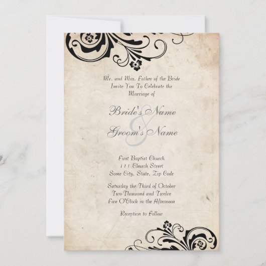 Black  Floral Chic Wedding Invitation Kaart (Voorkant)