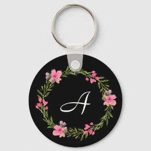Black Floral Custom Monogram Sleutelhanger