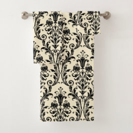 Black Floral Damask op Creamy beige Vanilla Bad Handdoek