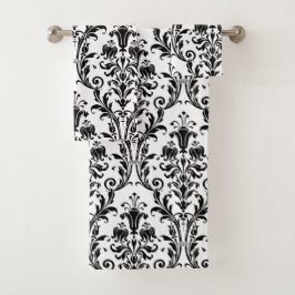 Black Floral Damask op White Bad Handdoek