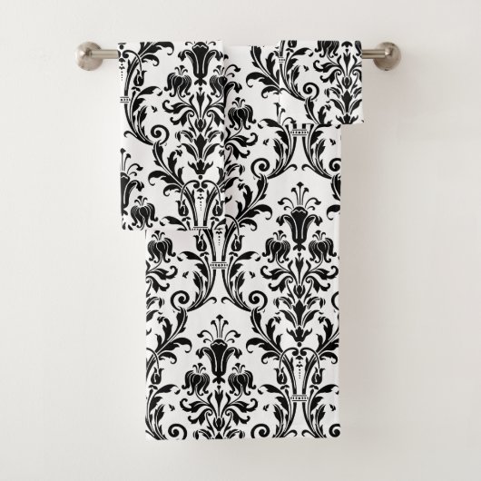 Black Floral Damask op White Bad Handdoek (Insitu)