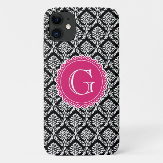 Black Floral Damask Pattern Hot Pink Monogram Case-Mate iPhone Case (Achterkant)