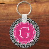Black Floral Damask Pattern Hot Pink Monogram Sleutelhanger (Voorkant)