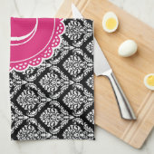 Black Floral Damask Pattern Hot Pink Monogram Theedoek (Quarter Fold)