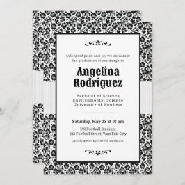 Black Floral Damask Photo Afstuderen Kaart