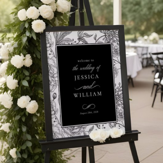 Black Floral Elegant Mariage Affiche de bienvenue