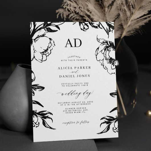 Black floral elegant wedding kaart