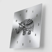 Black Floral Elephant Metallic Silver Vierkante Klok (Hoek)