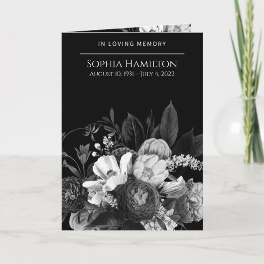 Black Floral Folal Funeral Memorial Programme (Devant)