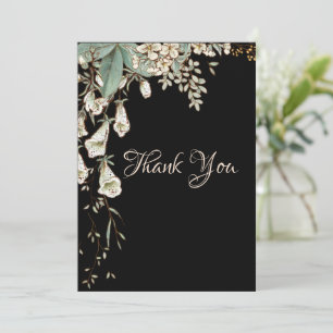 Black Floral Garland Script Elegant Wedding Bedankkaart