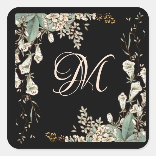 Black Floral Garland Script Monogram Elegant Vierkante Sticker (Voorkant)
