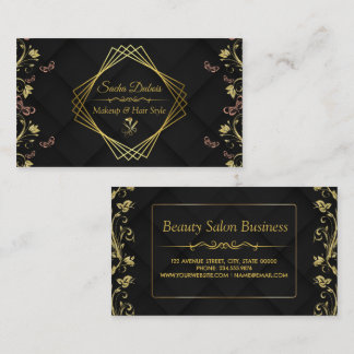Black Floral Gold Beauty Salon Modern Hair Stylist Visitekaartje