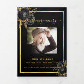 Black floral gold phototri-voudig begrafenisprogra drieluik aankondiging (Cover)