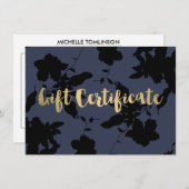Black Floral Gold Text Blue Cadeaubon (Voorkant / Achterkant)