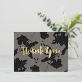 Black Floral Gold Texte Gris Carte de remerciement (Debout devant)