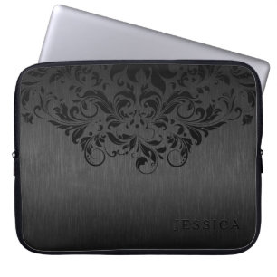 Black Floral Lace grijs Metallic Achtergrond Laptop Sleeve