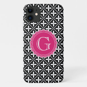 Black Floral Lattice Pattern Hot Pink Monogram iPhone 11 Hoesje