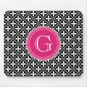 Black Floral Lattice Pattern Hot Pink Monogram Muismat