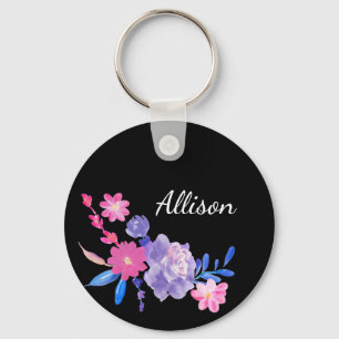 Black Floral Monogram Cute  Pink Girly Sleutelhanger