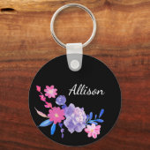 Black Floral Monogram Cute  Pink Girly Sleutelhanger (Voorkant)
