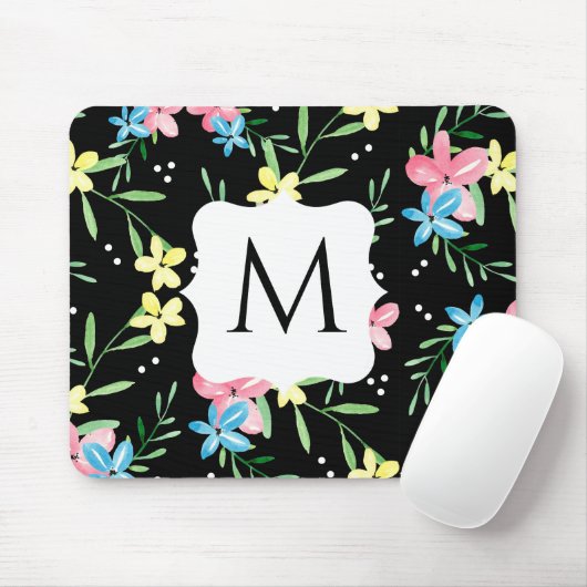 Black Floral Monogram Muismat (Met muis)