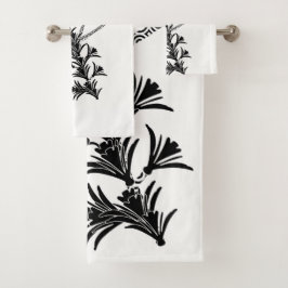 Black Floral on White Bath Towel Set Bad Handdoek