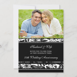 Black Floral Photo 25th Jubileum Invitation Kaart