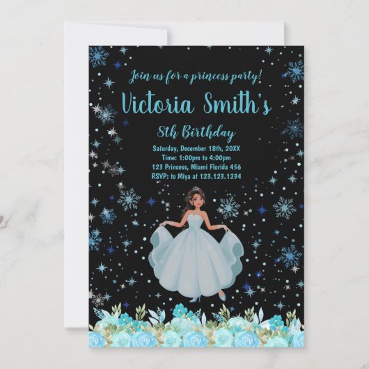 Black Floral Princess Invitations d'anniversaire (Devant)