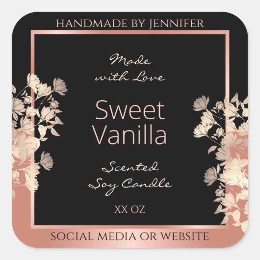 Black Floral Product Packaging Labels Roos Gold (Voorkant)