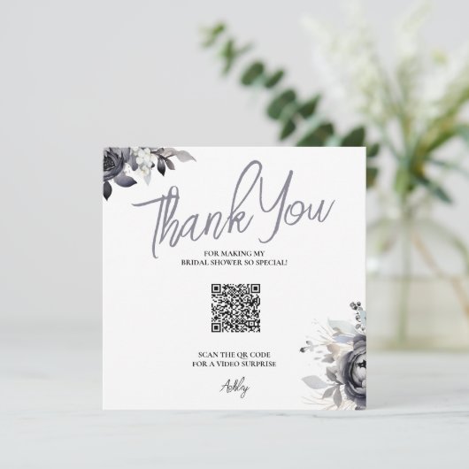 Black Floral QR Code Dank u kaart (Staand voorkant)