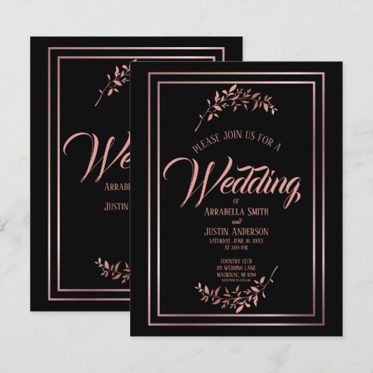 Black Floral Roos Gold Script Elegant Wedding Kaart (Voorkant / Achterkant)