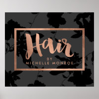 Black Floral Rose Gold Texte Hair Stylist Poster